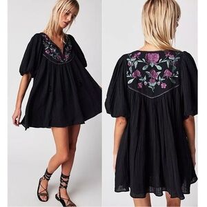 NWOT Free People Rosa Linda Gauze Black Mini Dress Floral Medium Embroidery